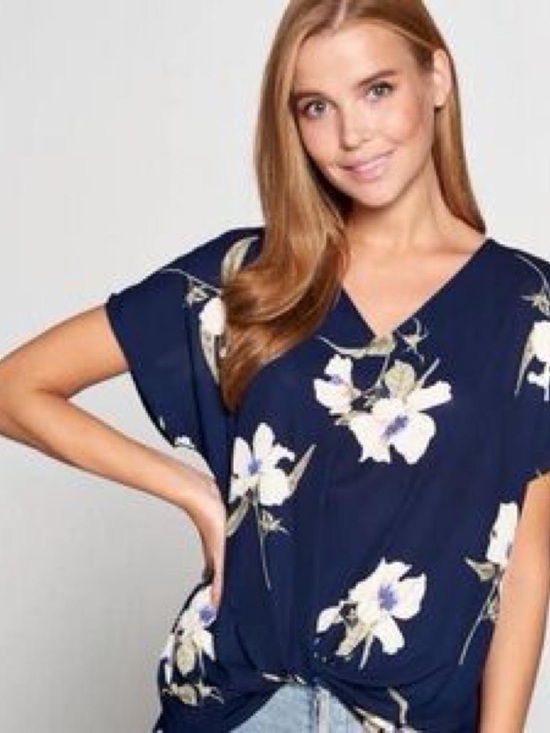 West Kei Tops - West Kei Navy Floral Knot-Front Blouse